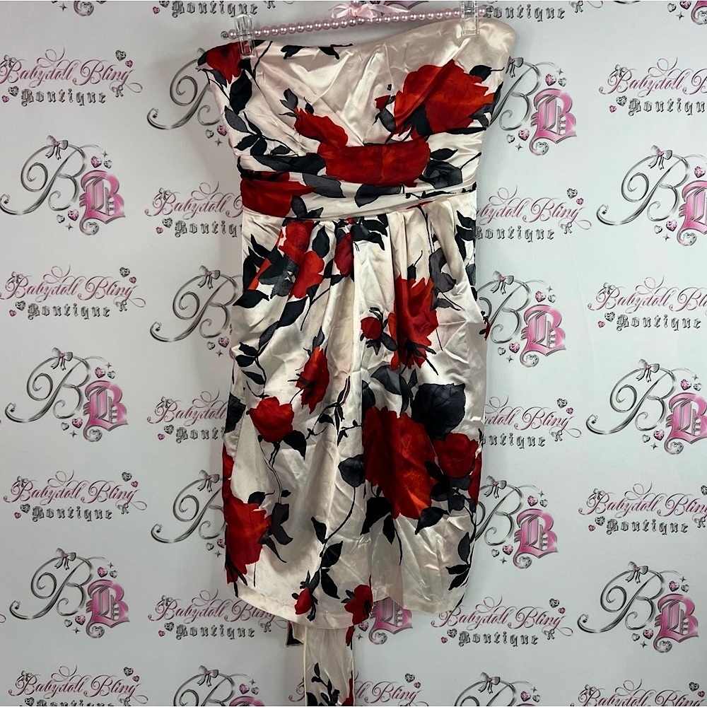 Mystic strapless dress shiny shimmer flowers - Red and Black Floral on Cream